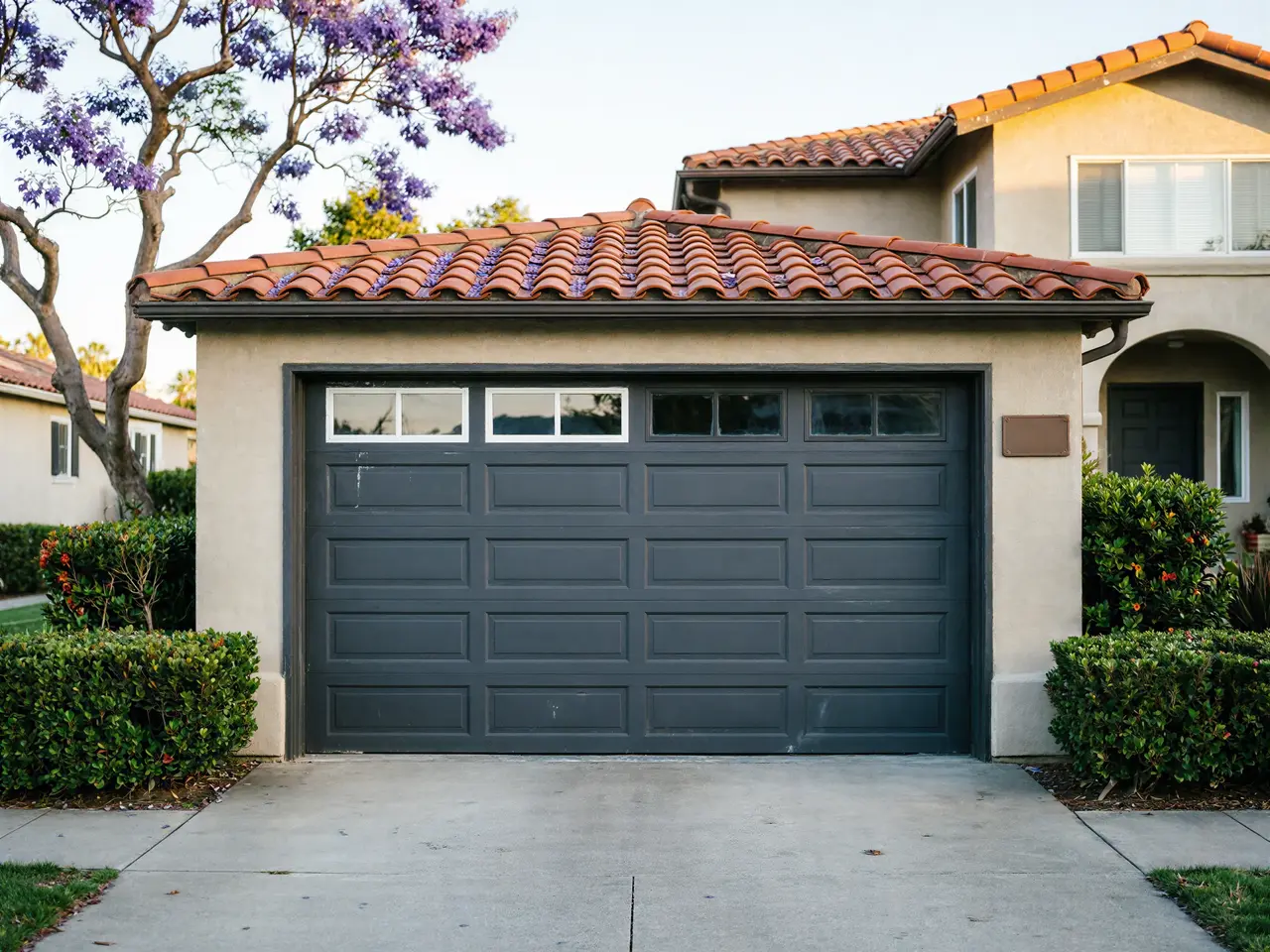 A gray garage door with windows is on a house with a red tile roof.
